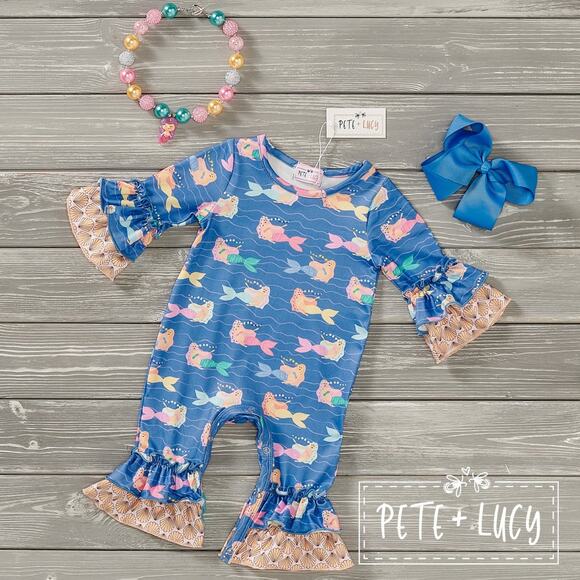 PETE + LUCY Mermaid and Shells Blue Yellow Romper 0-3 Months NEW - Picture 1 of 6